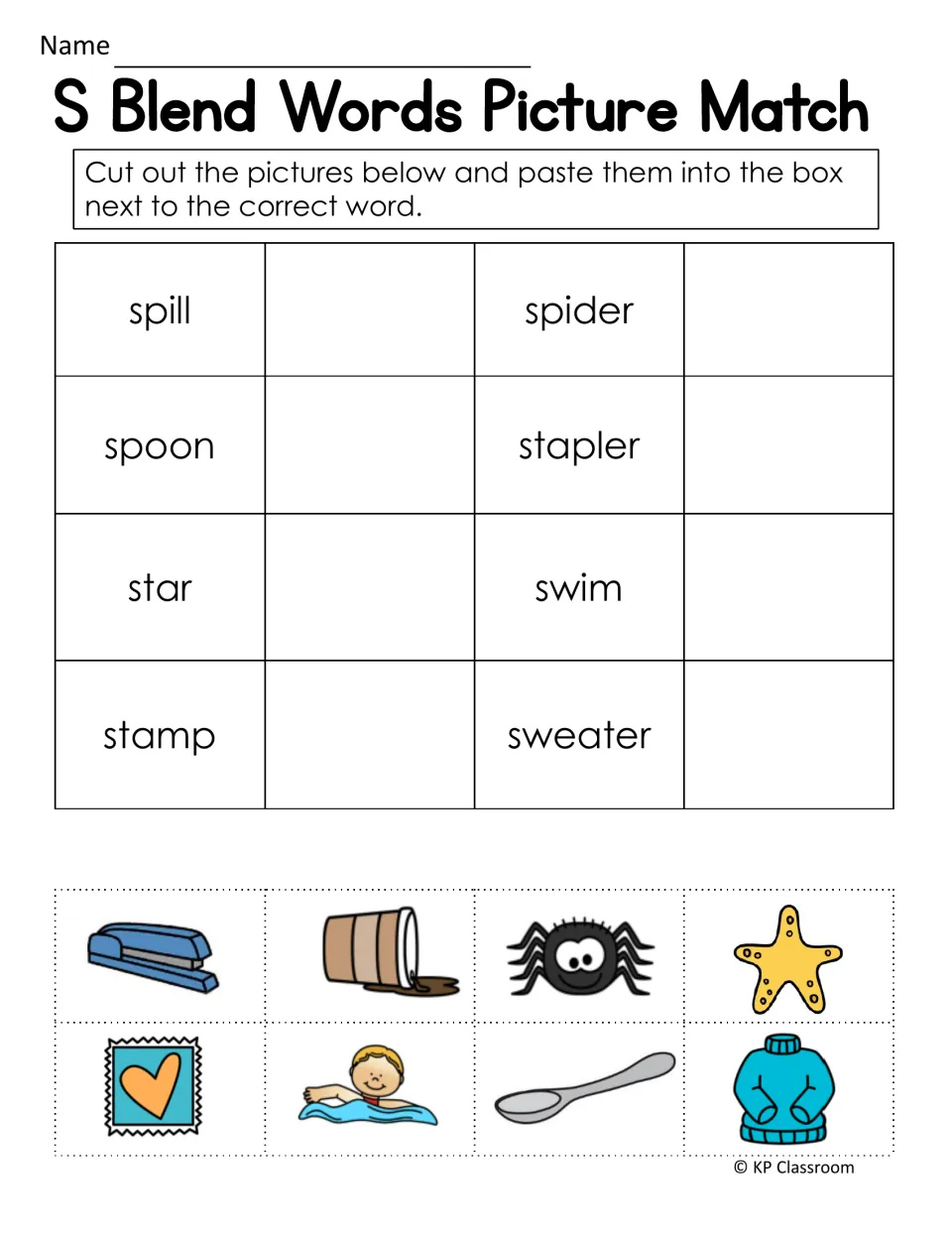 Picture match set two: students cut and paste pictures beside spill, spoon, star, stamp, spider, stapler, swim and sweater