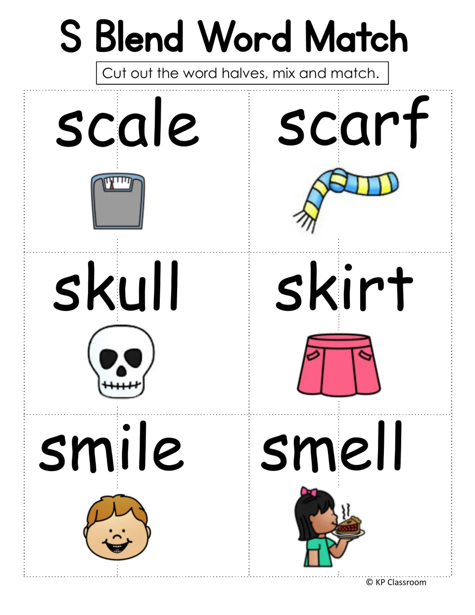 S Blend Word Match cards: students cut word halves of scale, scarf, skull, skirt, smile and smell apart and rebuild them