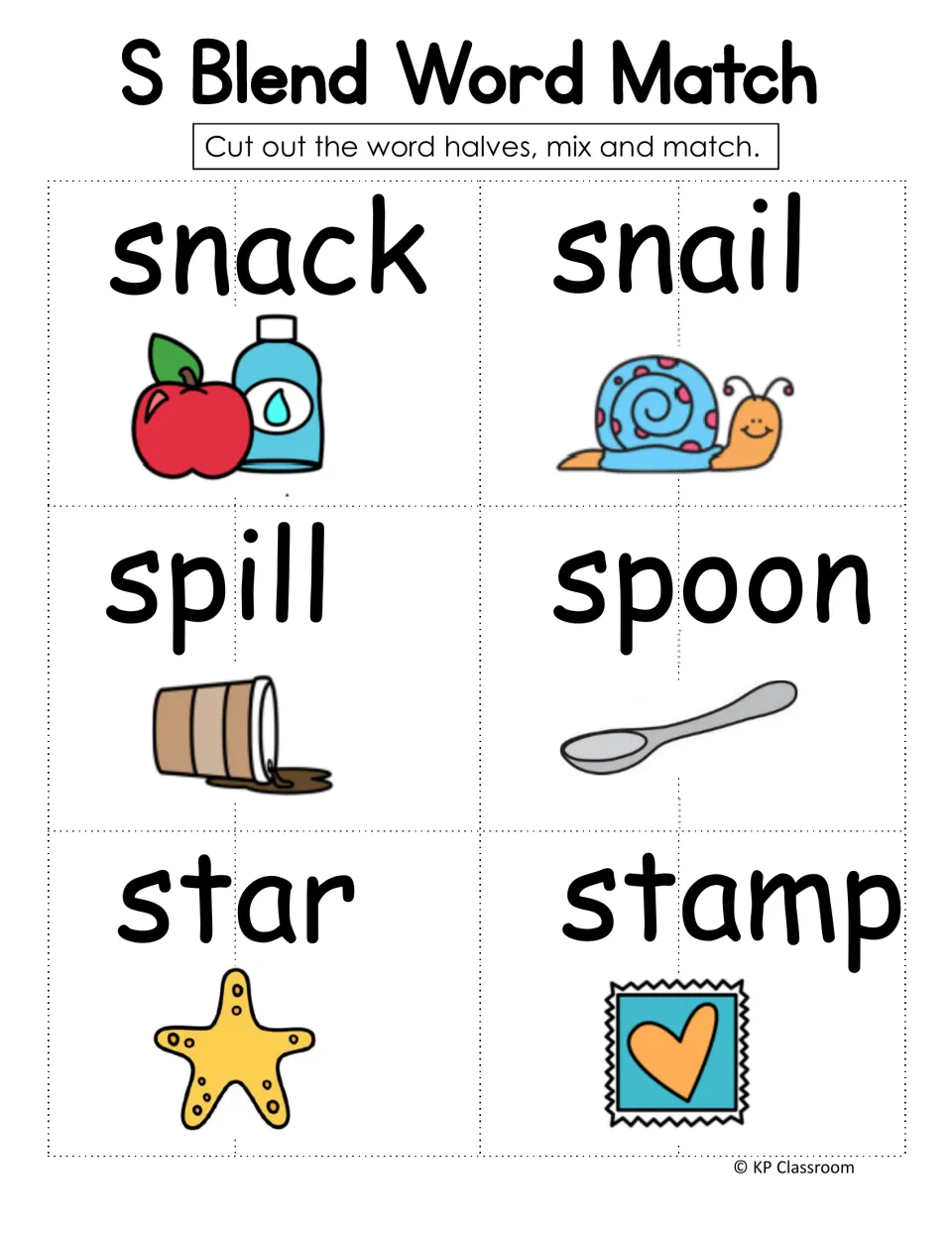 Word-half puzzle cards for snack, snail, spill, spoon, star and stamp: students cut, mix and match halves with pictures