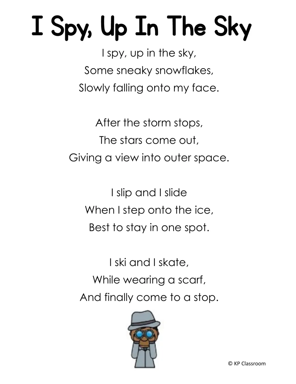I Spy, Up In The Sky poem: four winter stanzas with s blends like sneaky snowflakes, stars, slip, slide, ski and skate