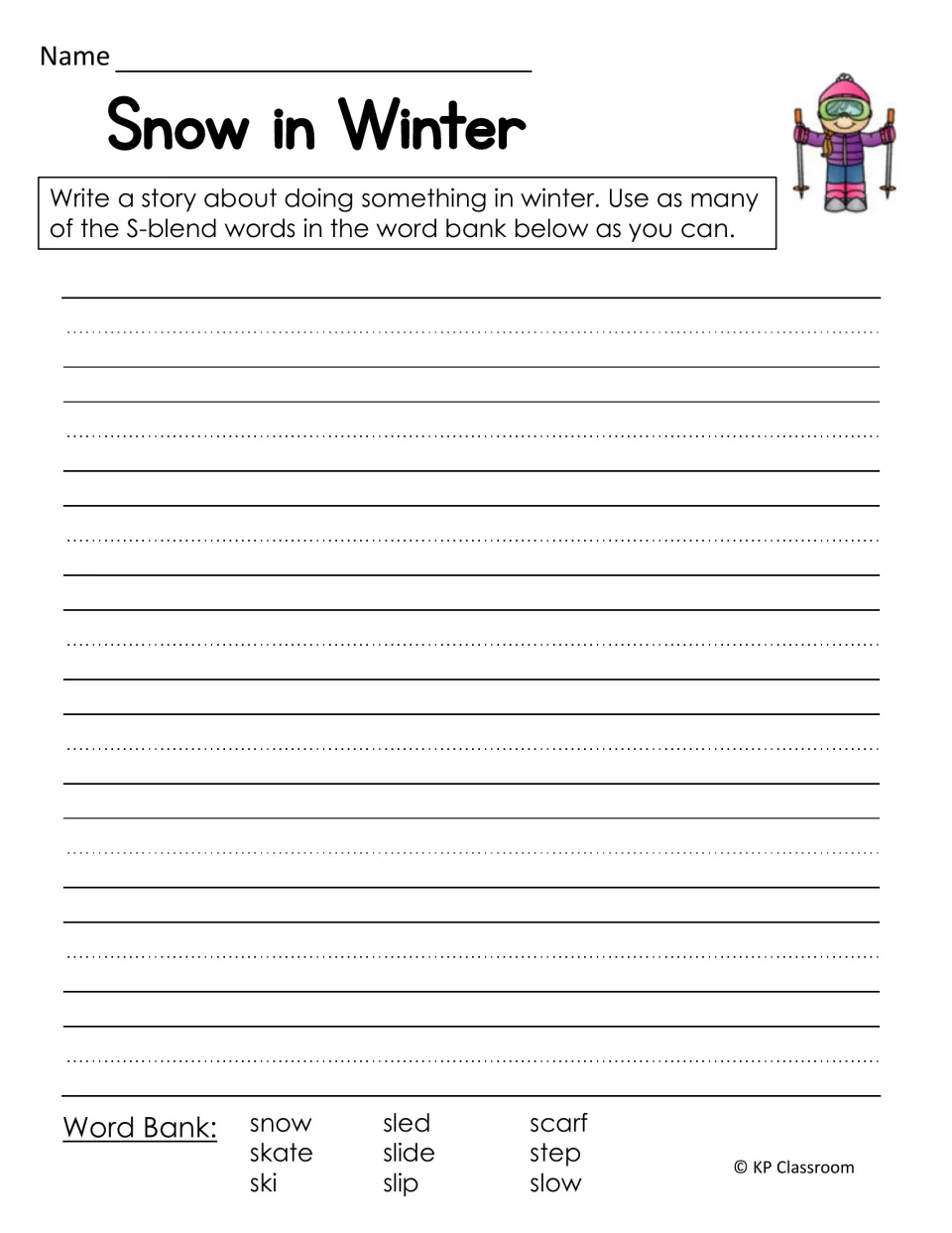 Snow in Winter writing prompt: students write a winter story using bank words like snow, sled, scarf, skate, slide and slip