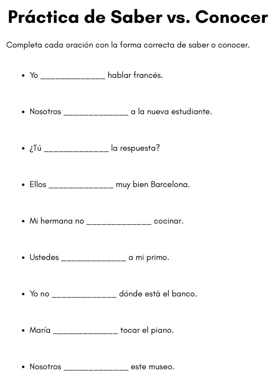 Práctica de Saber vs. Conocer: students complete 9 Spanish sentences with the correct form of saber or conocer