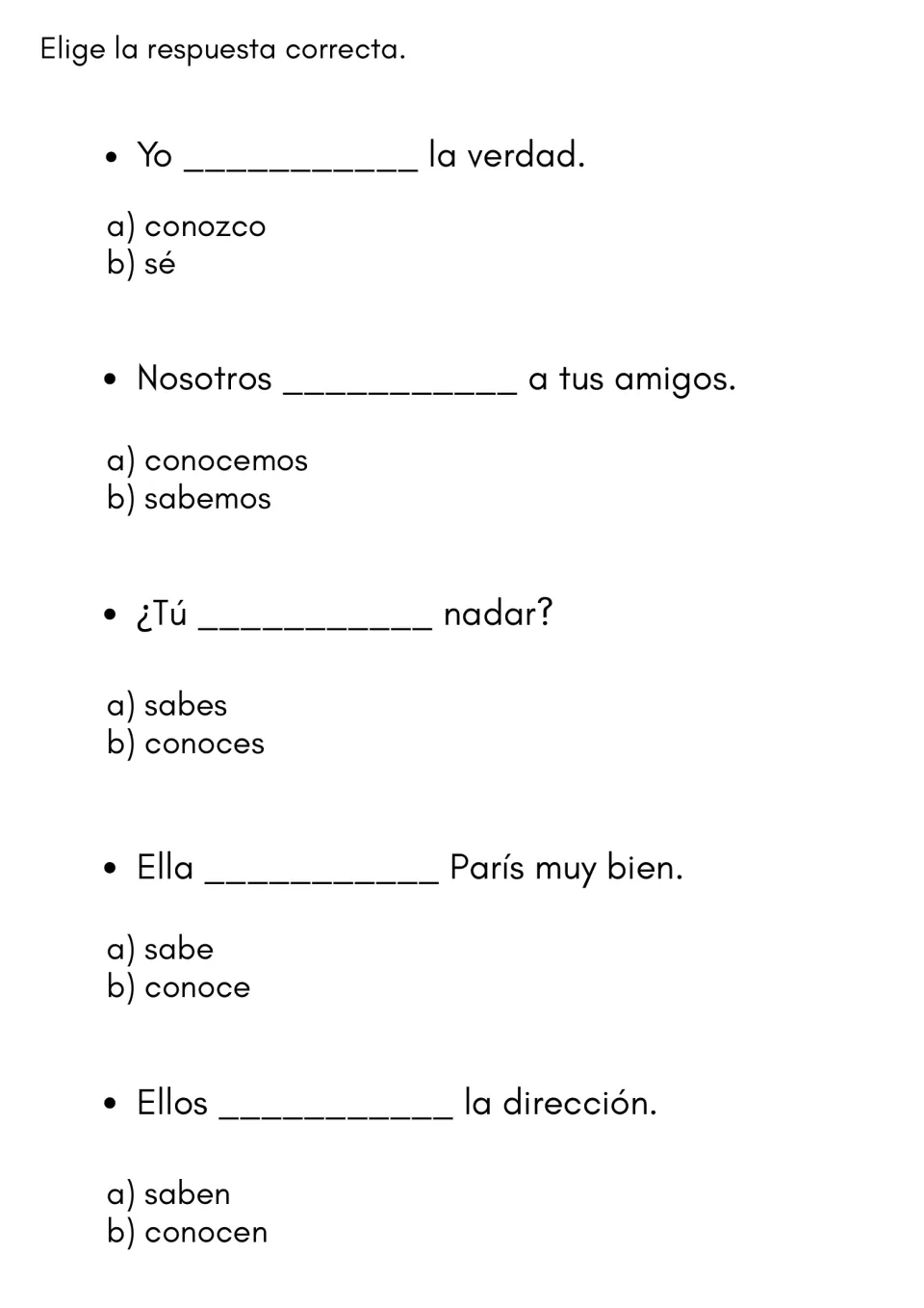 Saber or conocer multiple choice: students pick the correct verb form for 5 Spanish sentences from options a and b
