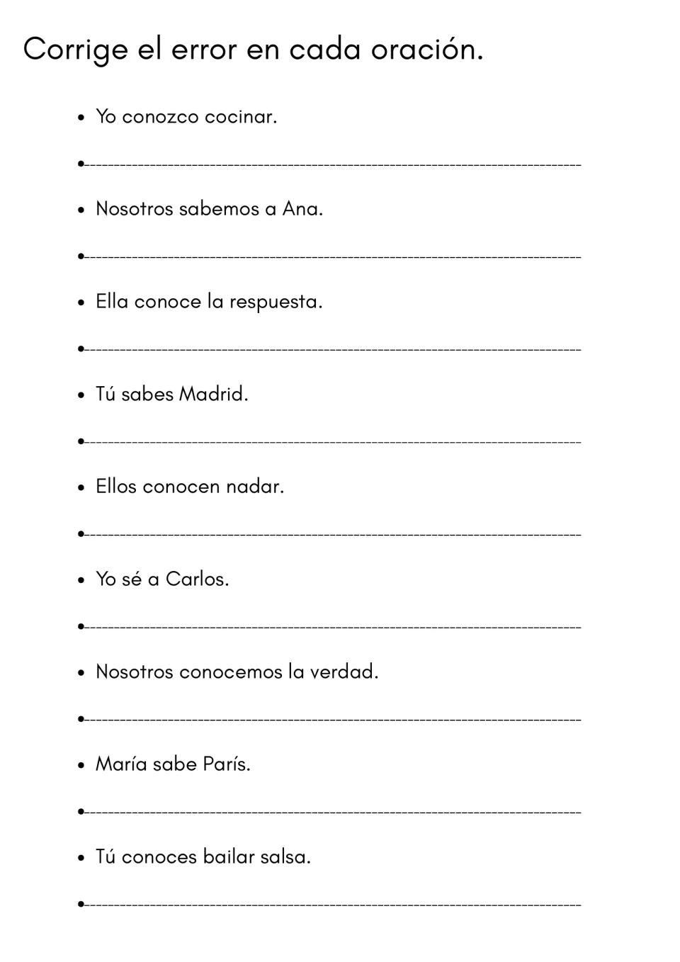 Error correction: students rewrite 9 Spanish sentences that misuse saber or conocer, such as Yo conozco cocinar