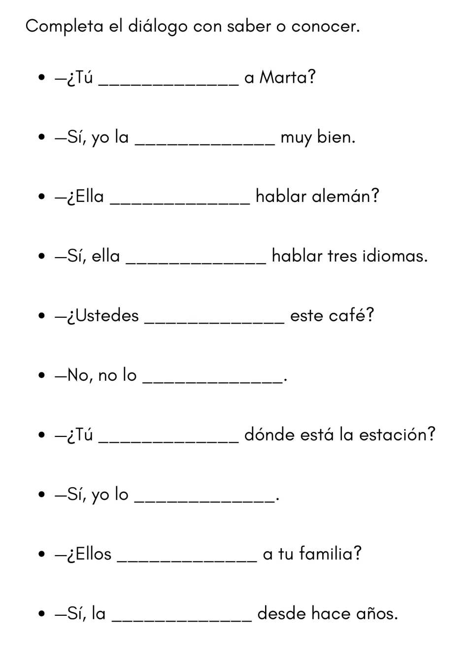 Saber vs. conocer dialogue: students fill in 10 lines of a Spanish conversation about Marta, languages and places
