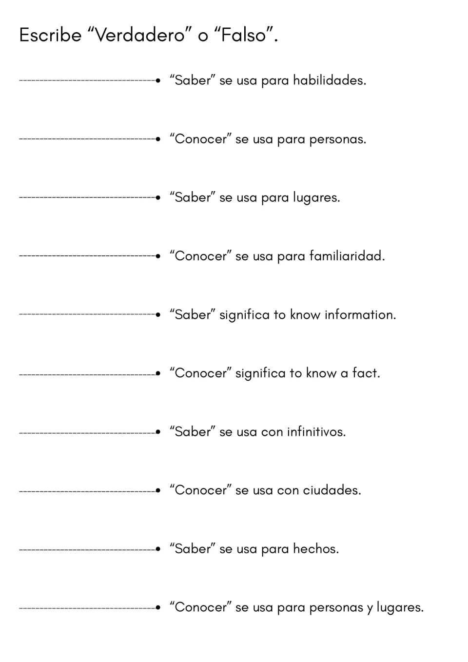 Verdadero o Falso: students judge 10 statements on when to use saber and conocer for skills, people and places