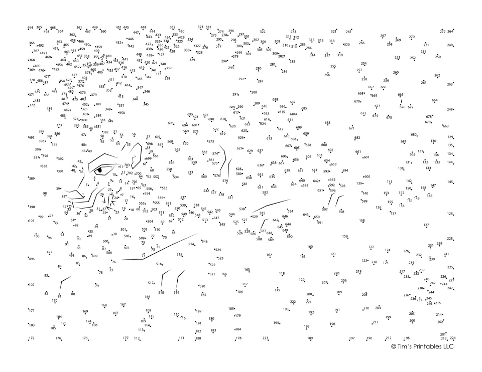 Saber-toothed tiger dot-to-dot activity with 703 numbered dots to connect and a partially drawn face.
