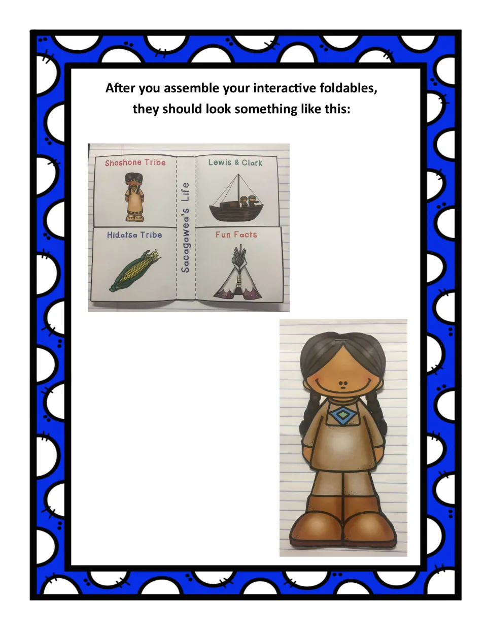 Finished examples of both booklets in a notebook: the four-flap Sacagawea's Life book and the Sacagawea figure