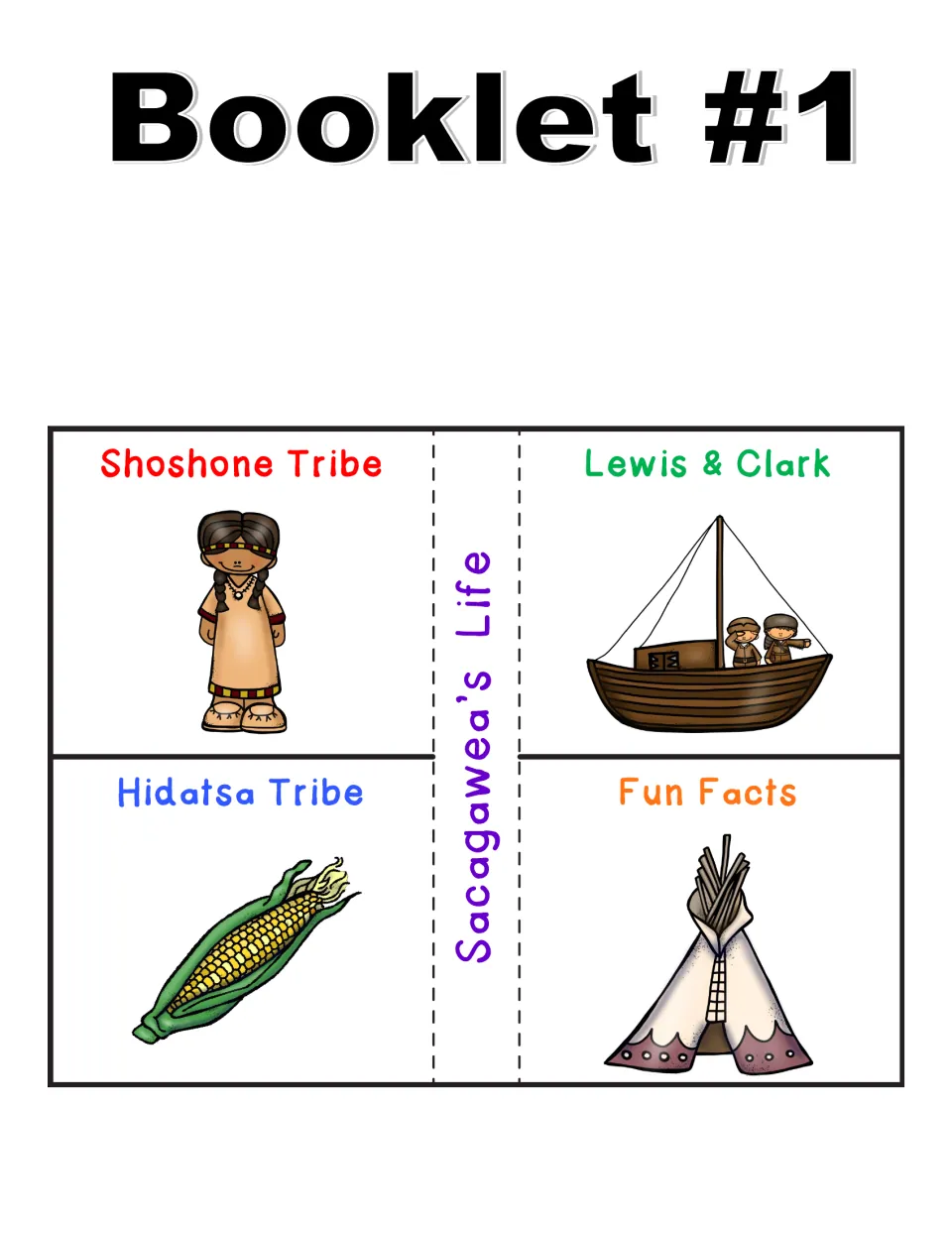 Booklet 1 flap book 'Sacagawea's Life' with flaps for Shoshone Tribe, Hidatsa Tribe, Lewis & Clark and Fun Facts
