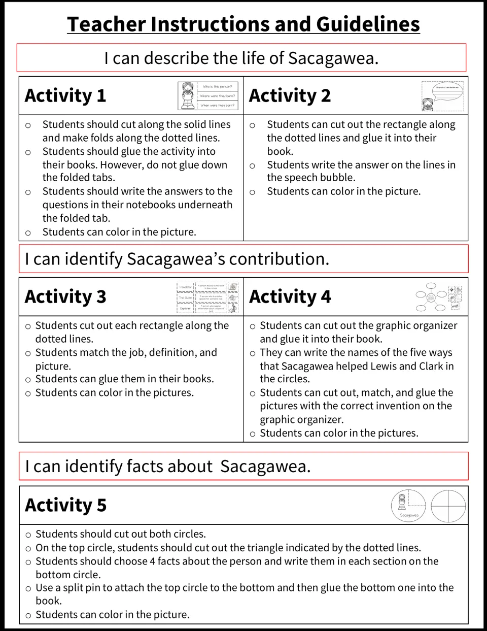 Teacher directions for five Sacagawea notebook activities: folded tabs, writing, matching, organizer, and fact wheel