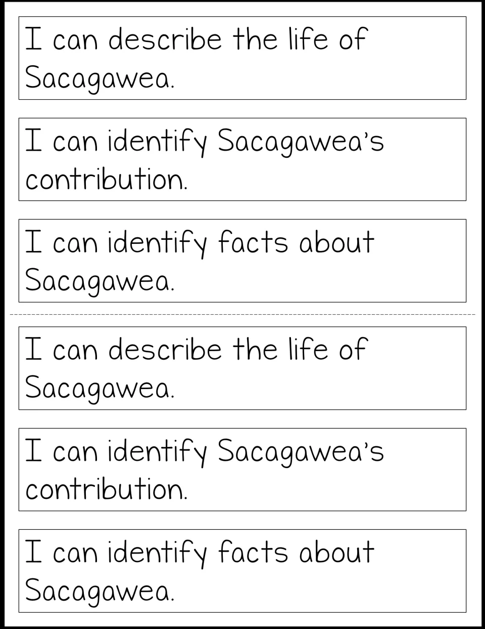 Notebook learning-goal strips about Sacagawea's life, contribution, and facts, with two copies of each goal