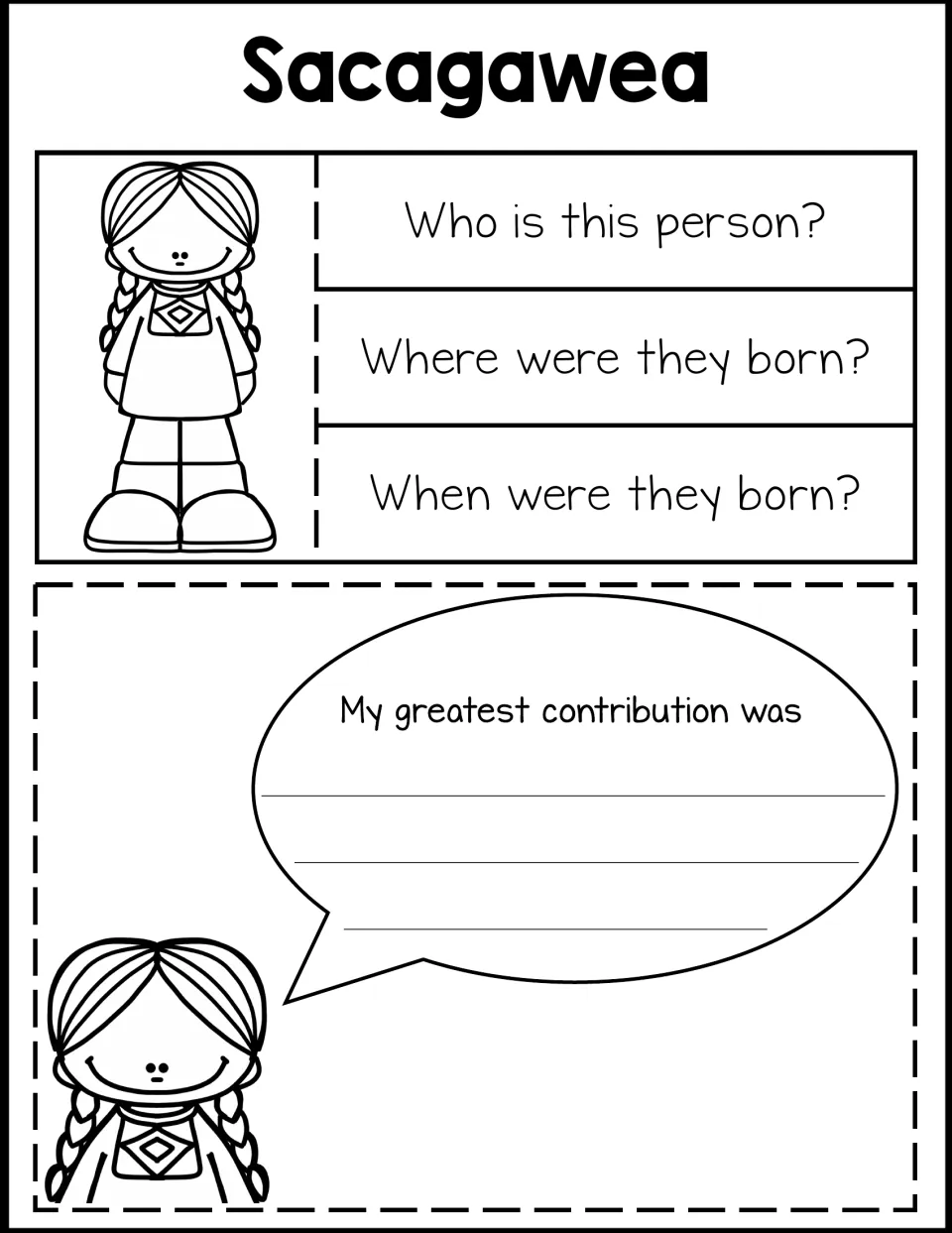 Sacagawea notebook biography tabs ask who she is, where and when she was born, plus a contribution prompt