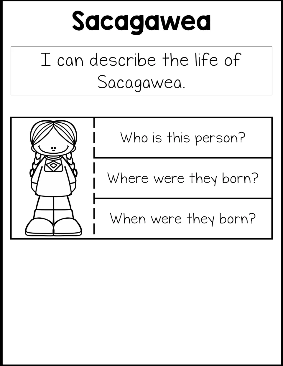 Separate Sacagawea biography tab activity asks who she is, where she was born, and when she was born