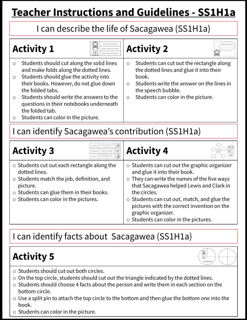 Teacher directions for five Sacagawea notebook activities: biography tabs, writing, matching, organizer, fact wheel