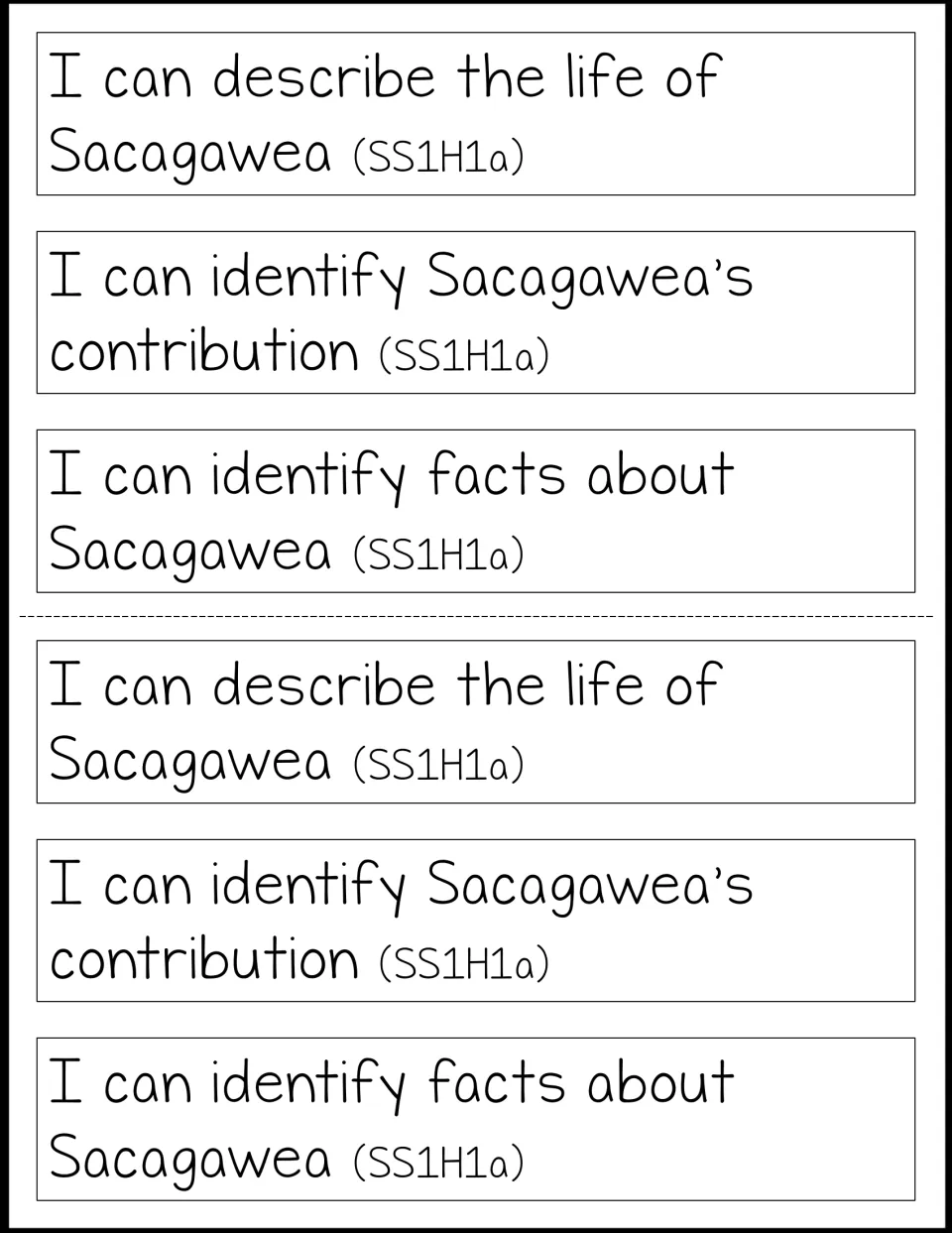 Two sets of three Sacagawea learning-target strips about describing her life, contributions, and facts