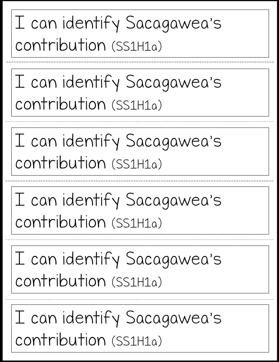 Six notebook learning-target strips repeat 'I can identify Sacagawea’s contribution,' labeled SS1H1a