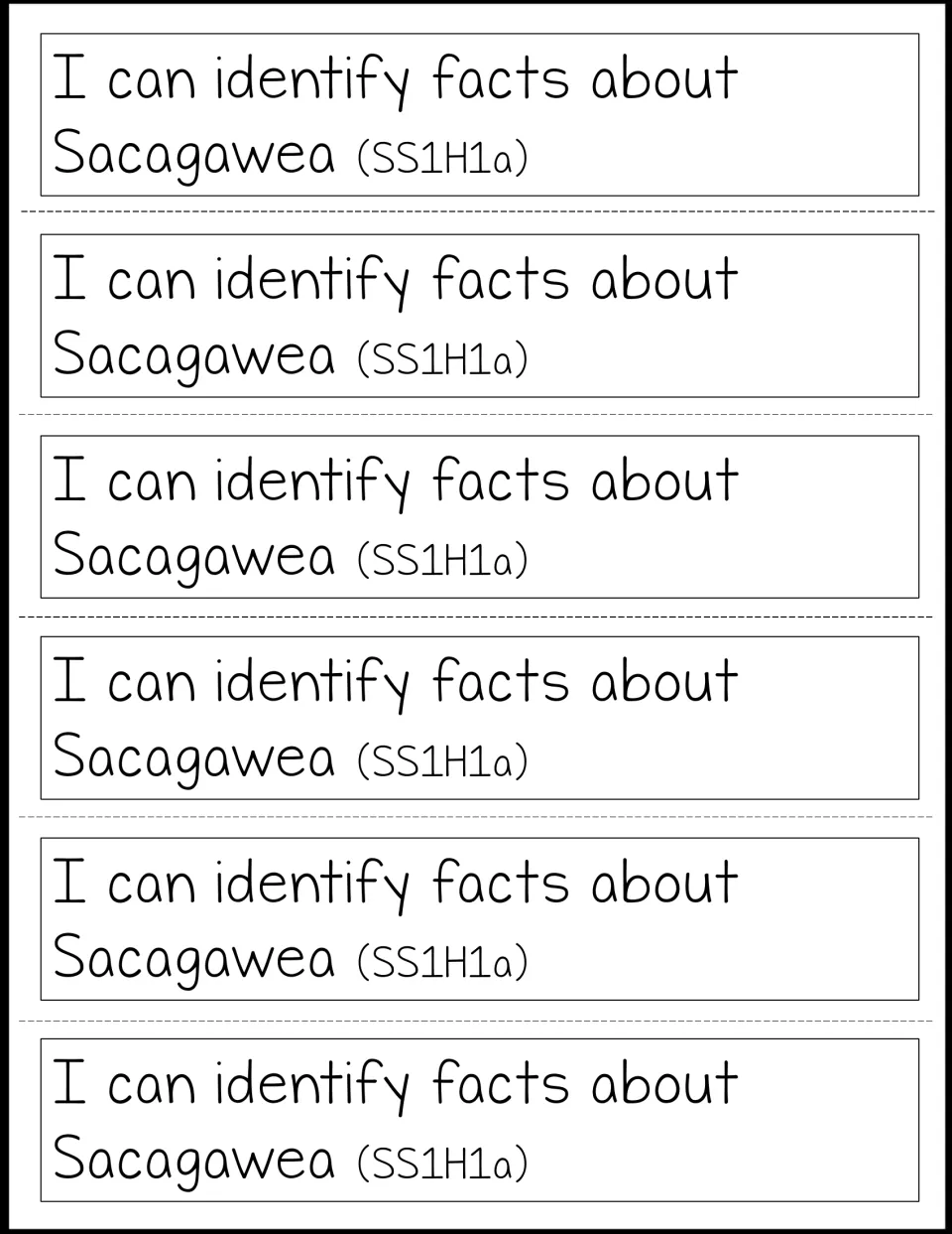 Six notebook learning-target strips repeat 'I can identify facts about Sacagawea,' labeled SS1H1a