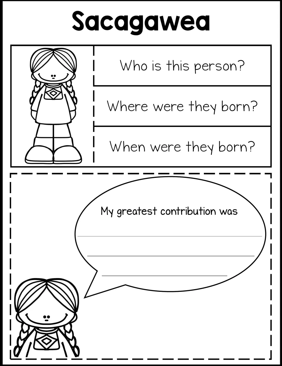 Sacagawea biography tabs ask who she is, where and when she was born, plus a greatest-contribution prompt