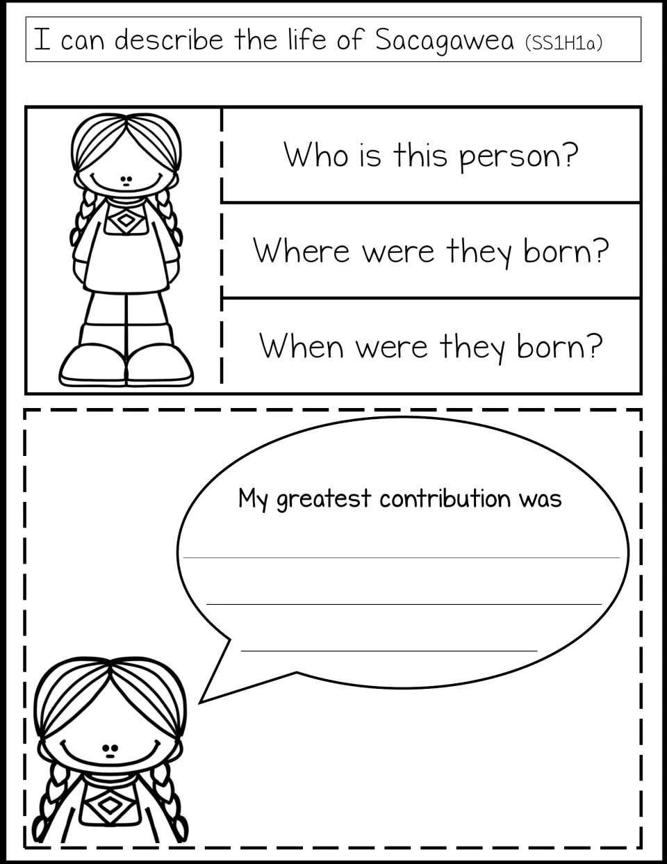 Sacagawea life learning target accompanies three biography tabs and the prompt 'My greatest contribution was'