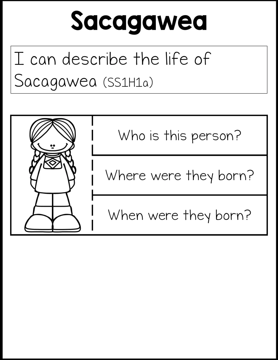 Separate Sacagawea biography foldable asks who she is, where she was born, and when, with a life learning target