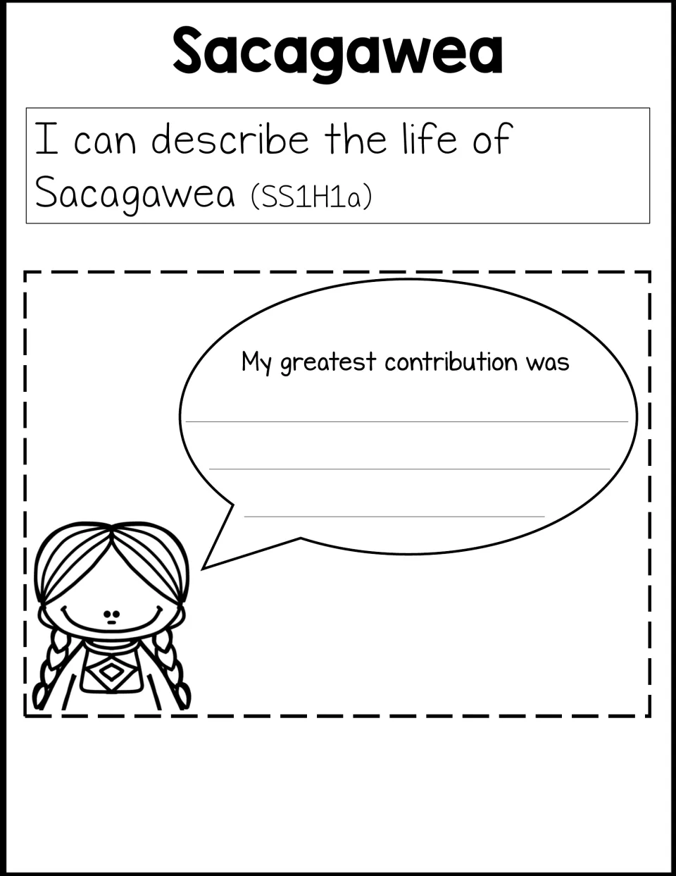 Separate Sacagawea writing activity pairs a life learning target with 'My greatest contribution was'
