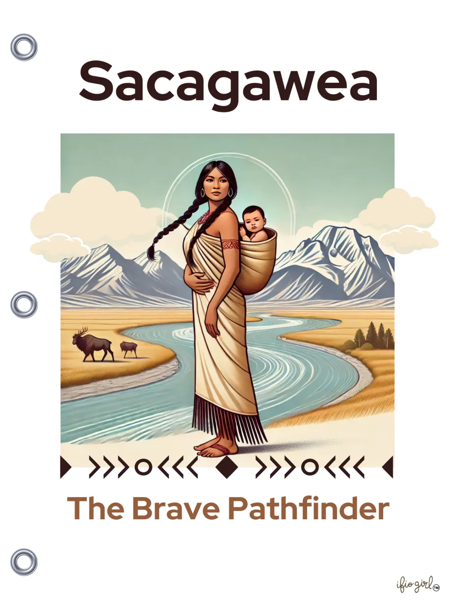 Cover of Sacagawea - The Brave Pathfinder, an illustrated story showing her carrying her baby by a river and mountains