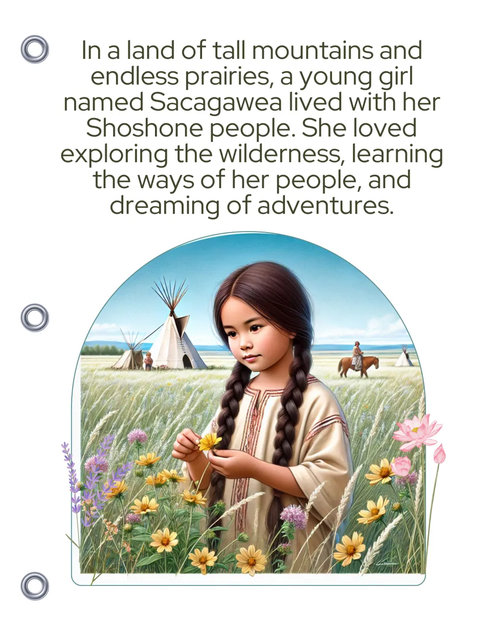 Story opening: young Sacagawea lives with her Shoshone people among mountains and prairies, shown picking wildflowers