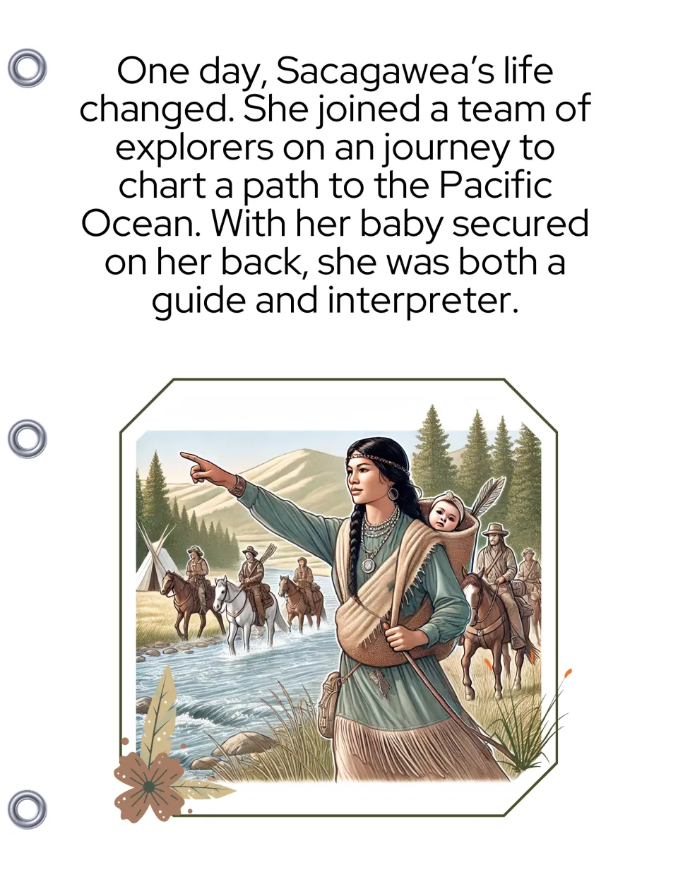 Sacagawea joins explorers charting a path to the Pacific, baby on her back, pointing the way as men on horses cross a river