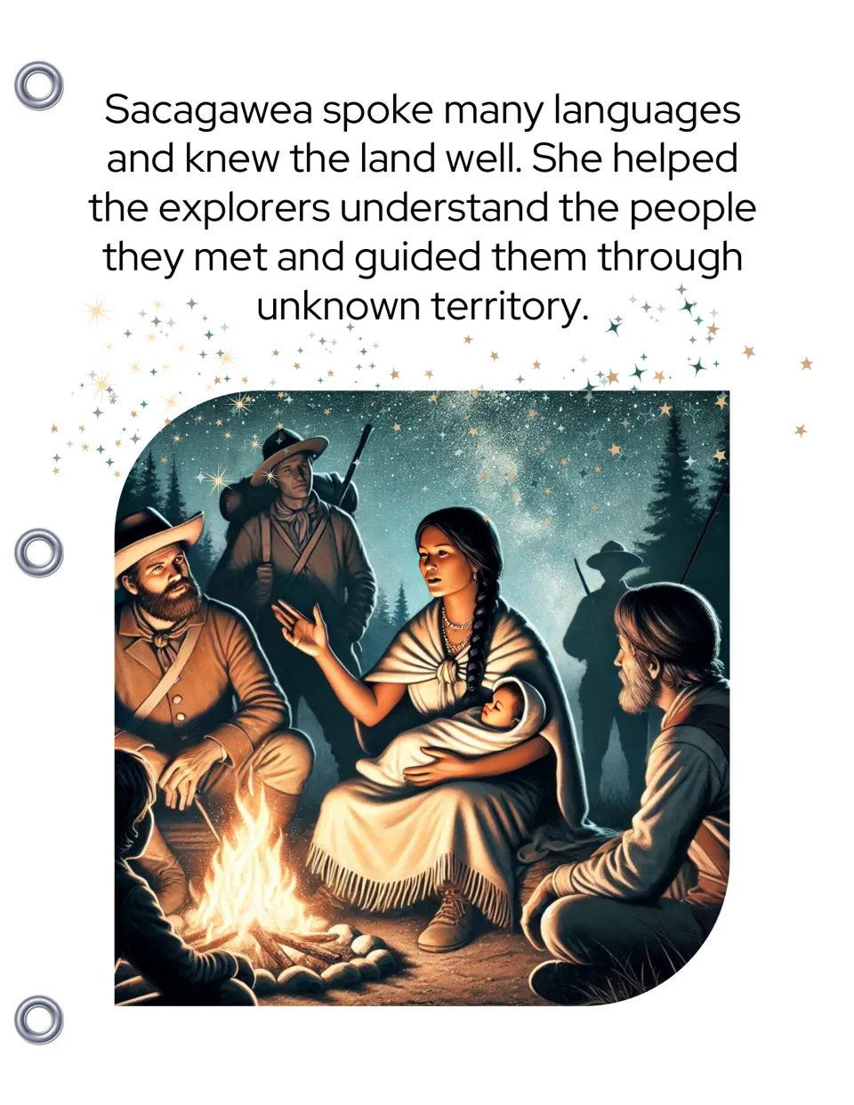 Sacagawea speaks many languages and helps explorers understand the people they meet, talking with them at a night campfire