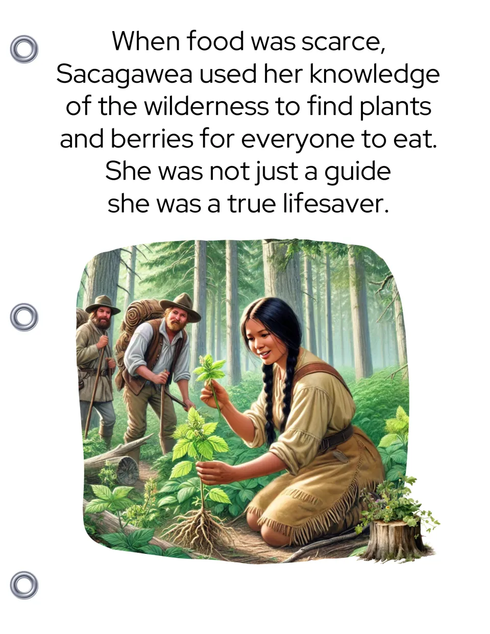When food is scarce, Sacagawea finds plants and berries for the group, kneeling by a plant as explorers watch in a forest