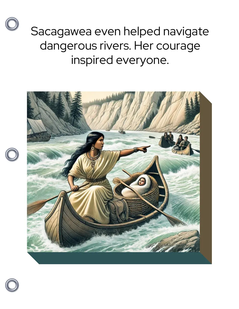 Sacagawea helps navigate dangerous rivers, paddling a canoe through rapids with her baby in a basket as other canoes follow