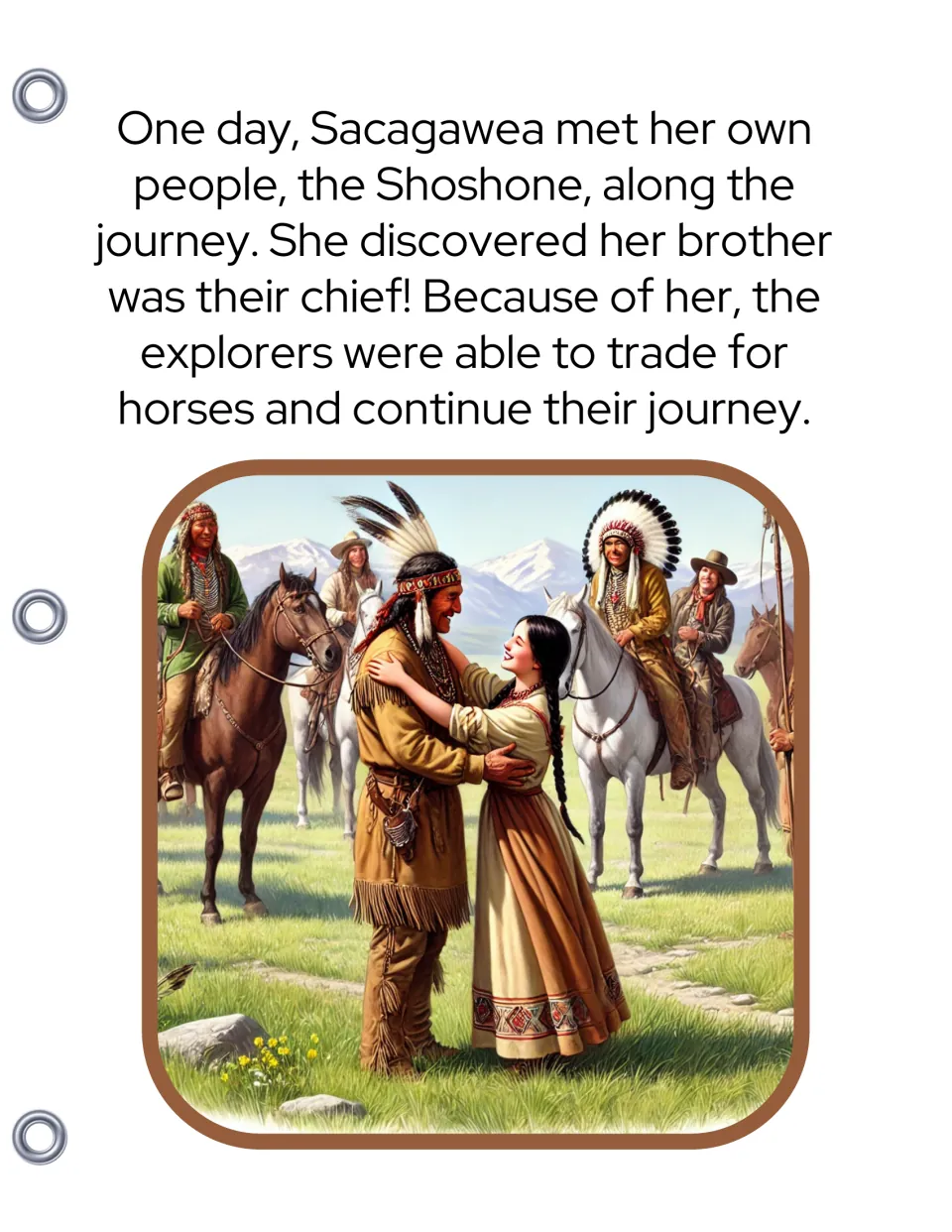 Sacagawea meets the Shoshone and finds her brother is their chief, hugging him, so the explorers can trade for horses