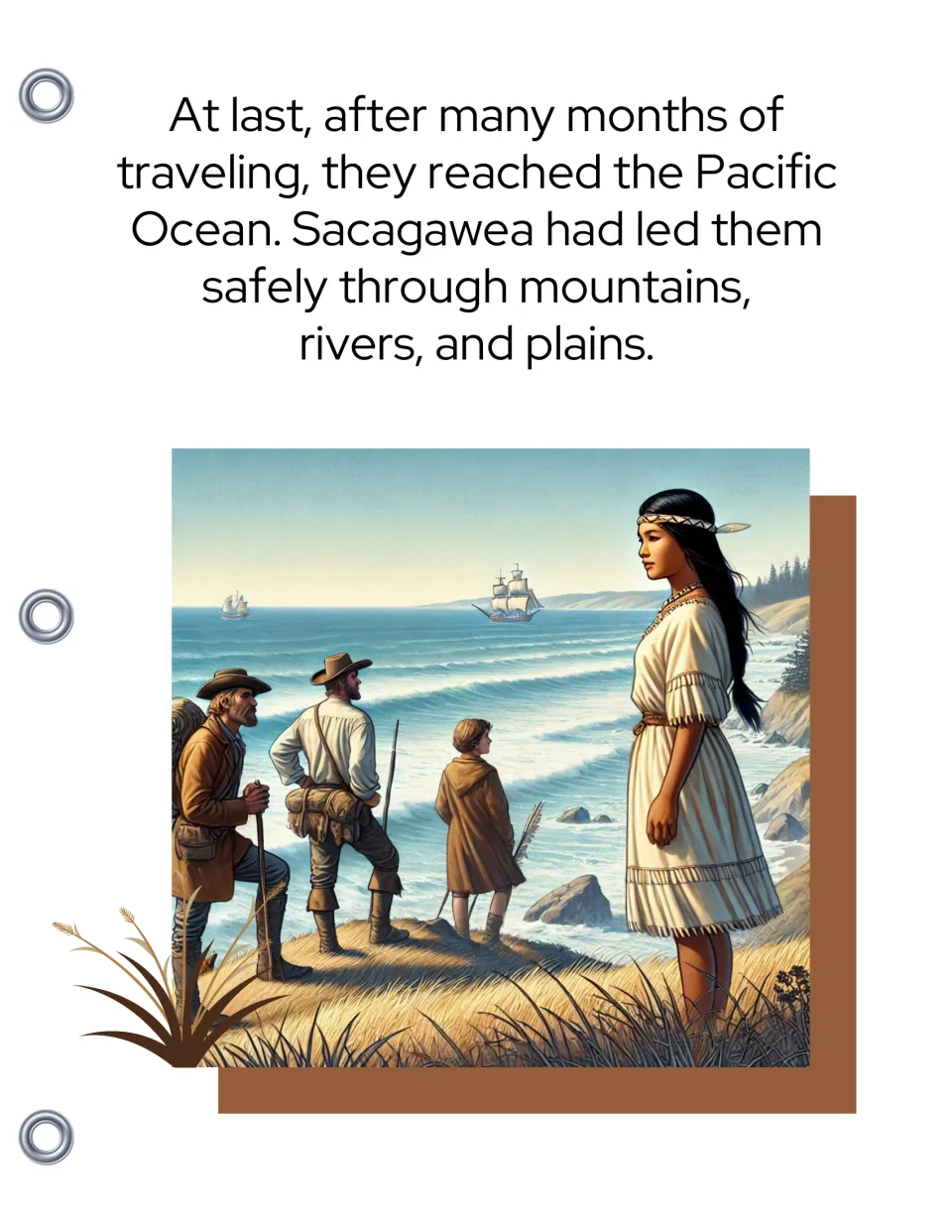 After many months the group reaches the Pacific Ocean; Sacagawea stands on a grassy bluff with explorers looking at the sea