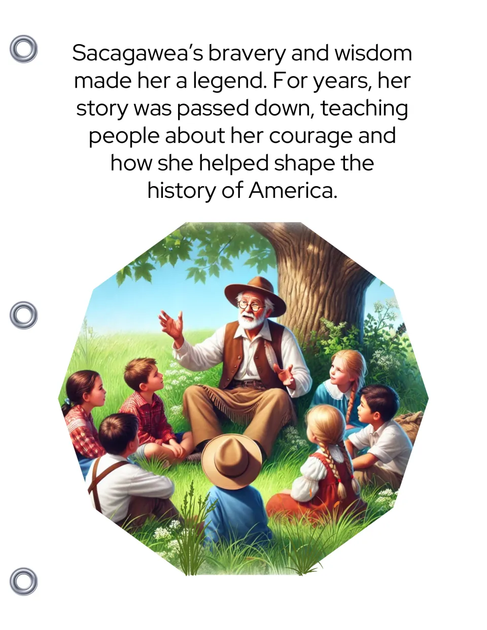 Sacagawea's story becomes a legend passed down over the years, shown as an older man telling it to children under a tree