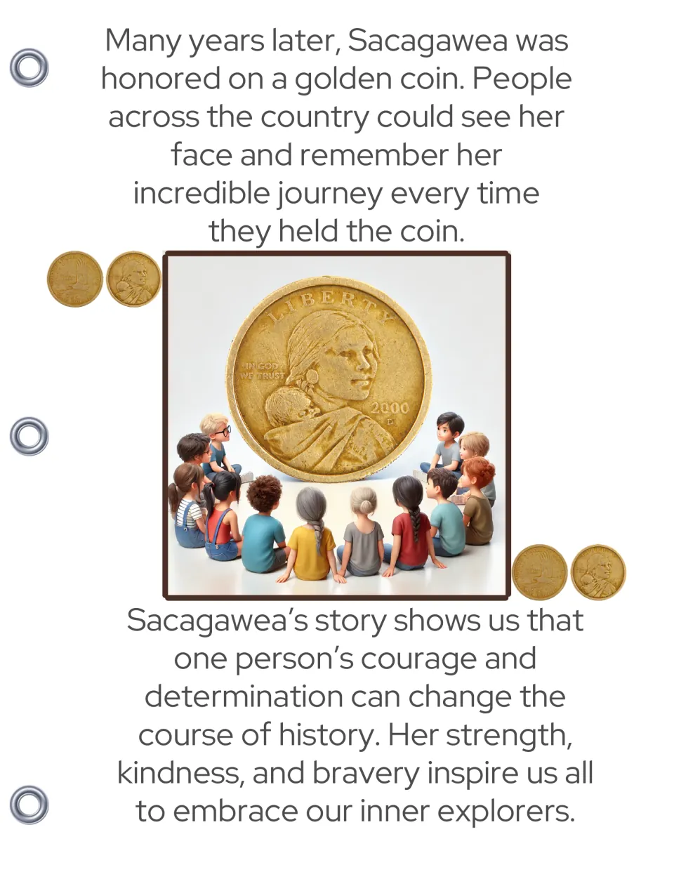 Story ending: Sacagawea is honored on a golden coin, with children around it, plus a closing message on courage