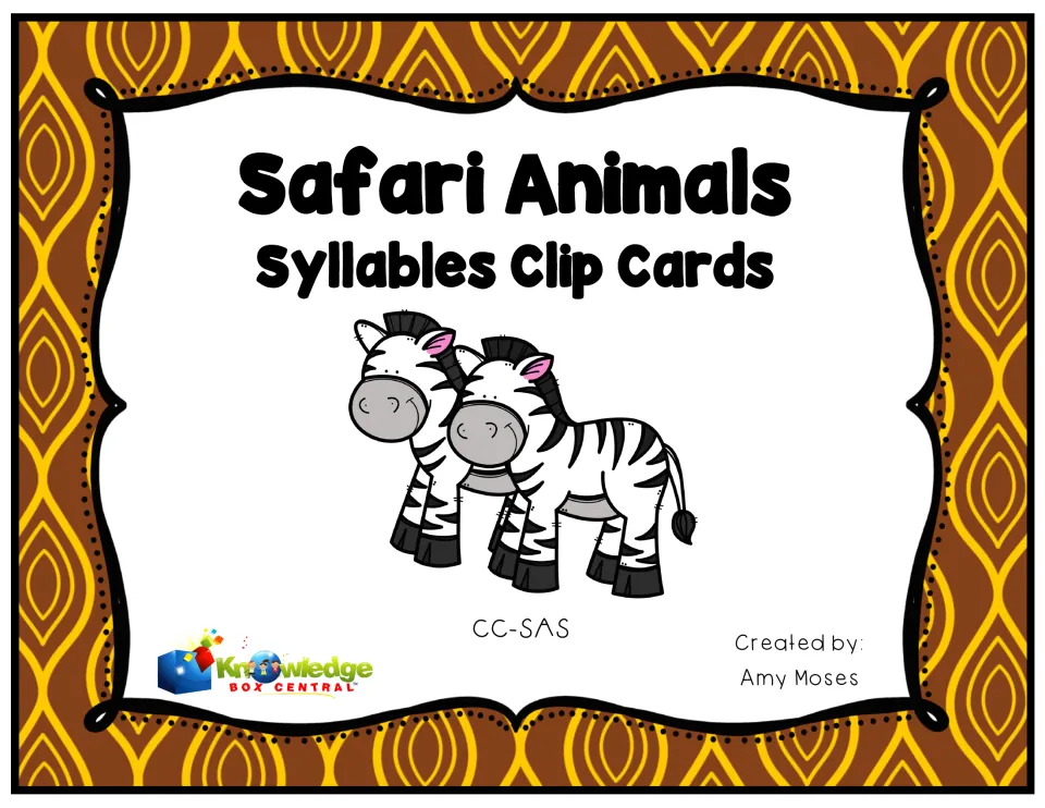 Cover of Safari Animals Syllables Clip Cards, with the creator's name, Amy Moses, and two zebras