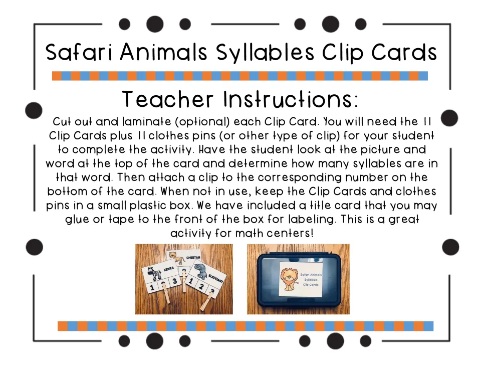 Teacher instructions for preparing 11 animal syllable clip cards, using clothespins, and labeling storage