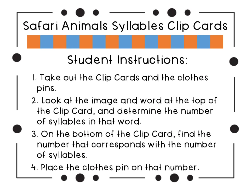 Student instructions: look at each animal picture and word, count its syllables, and clip the matching number