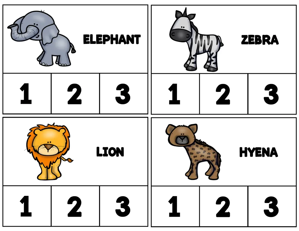 Animal syllable clip cards 1–4: elephant, zebra, lion, and hyena, each with a picture and choices 1, 2, 3