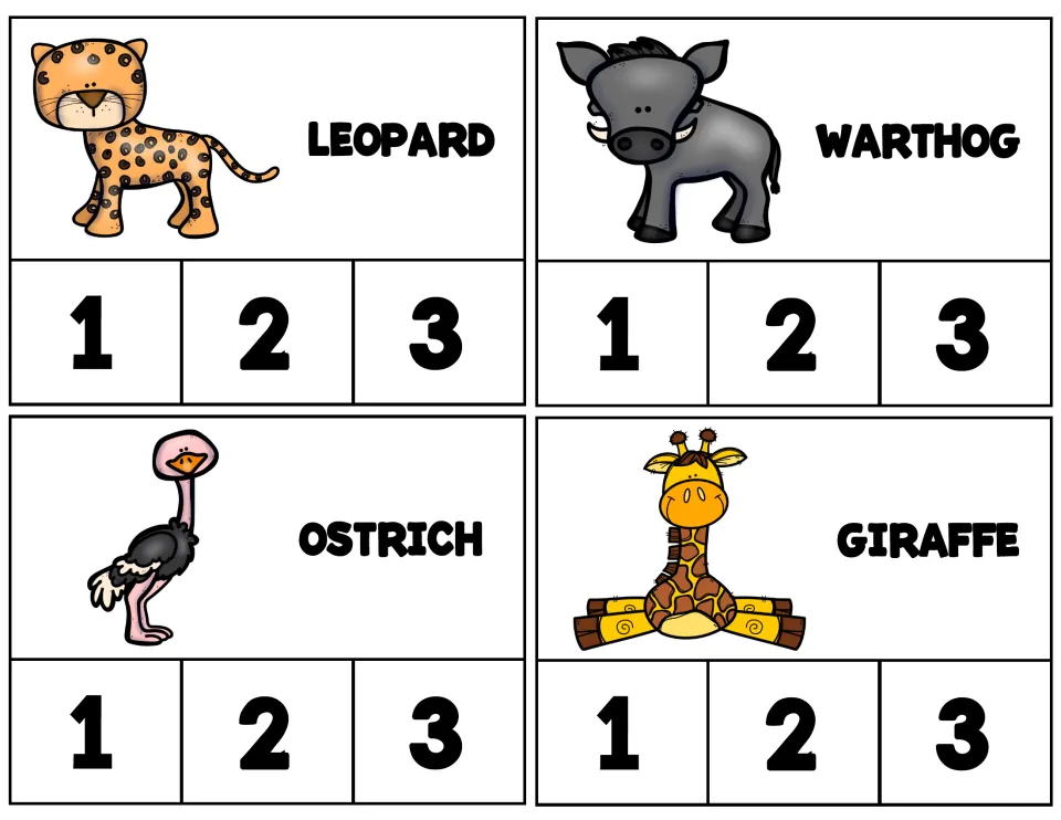 Animal syllable clip cards 5–8: leopard, warthog, ostrich, and giraffe, with pictures and choices 1, 2, 3