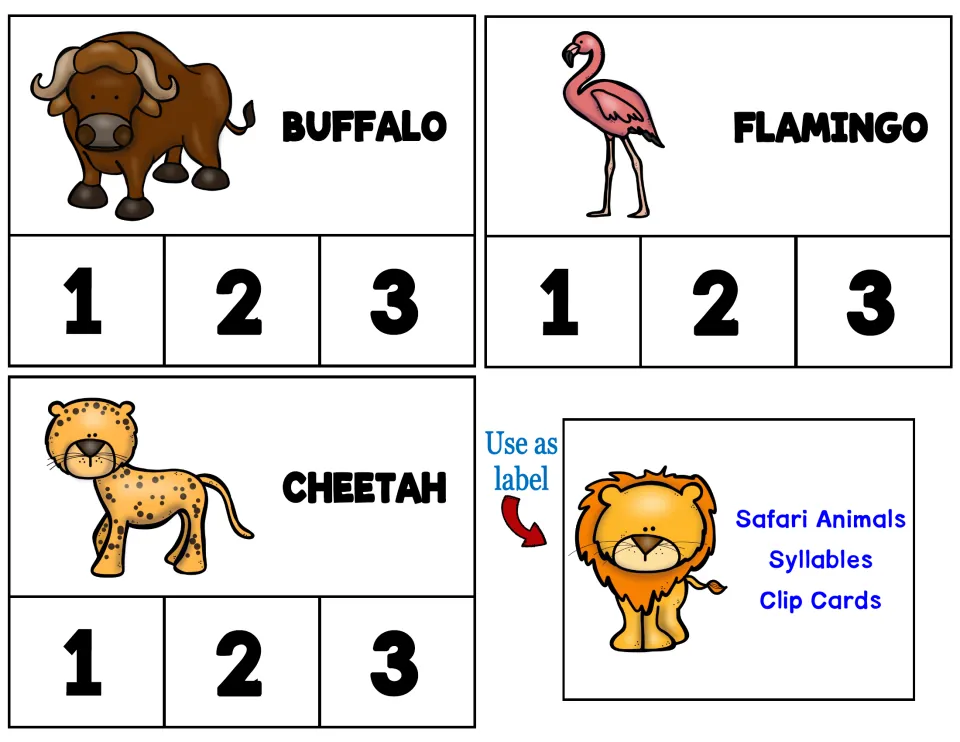 Animal syllable clip cards 9–11: buffalo, flamingo, and cheetah, with choices 1, 2, 3, plus a storage label
