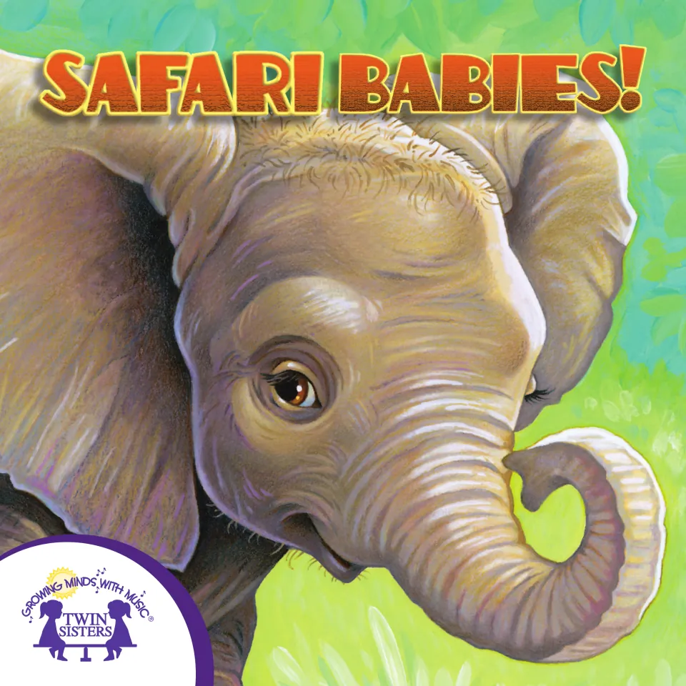 Safari Babies! eBook cover: painted baby elephant with a curled trunk on green grass, Twin Sisters logo in the corner