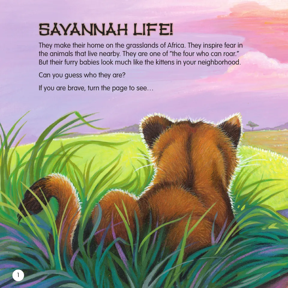 Savannah Life! riddle: clues about a grassland animal that roars and has kitten-like babies; readers guess who it is