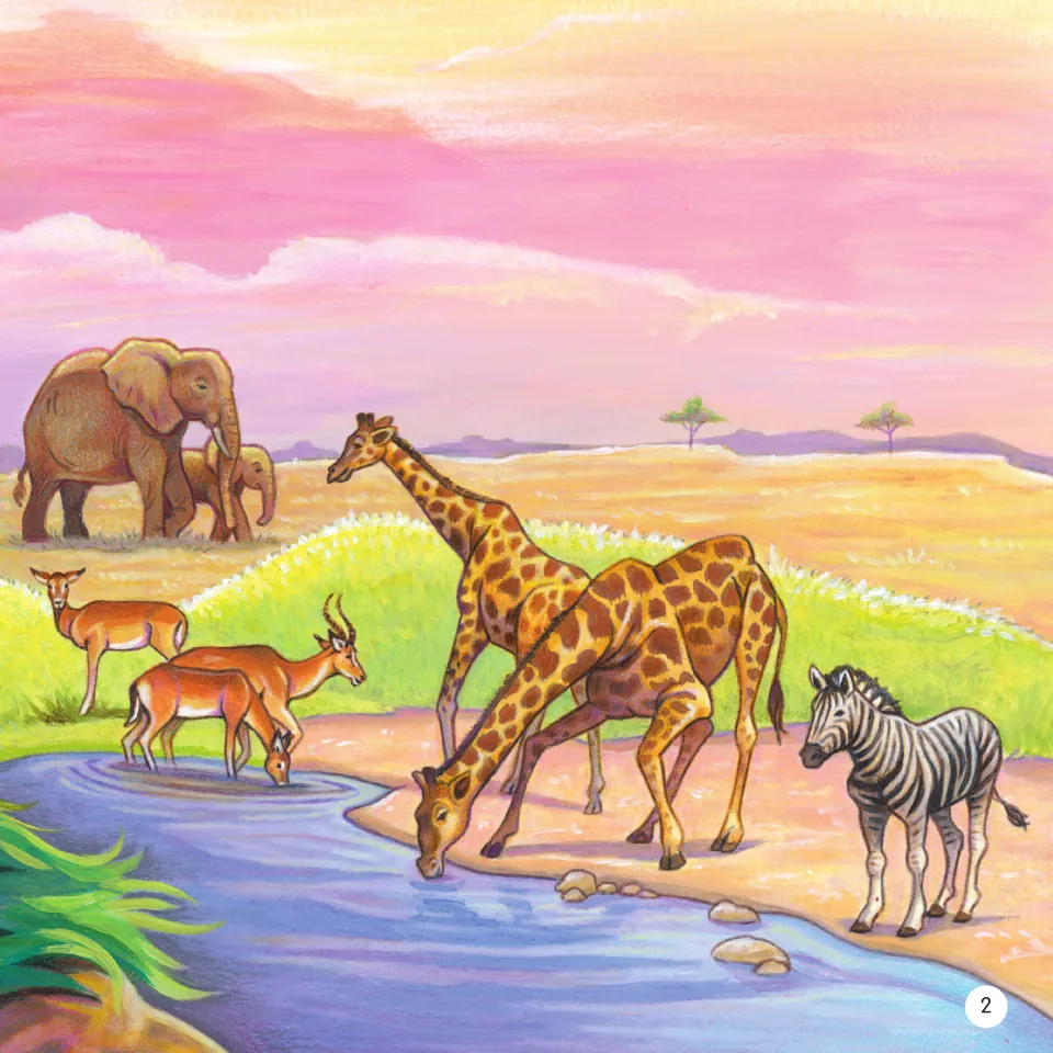 Painted savannah scene of elephants, antelopes, giraffes and a young zebra gathered to drink at a watering hole at sunset