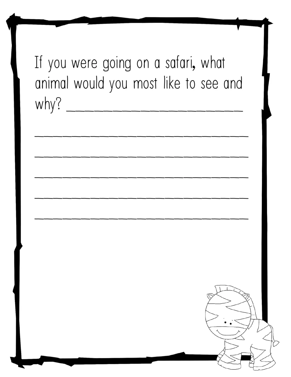 Creative writing prompt: students write about which animal they would most like to see on a safari and explain why