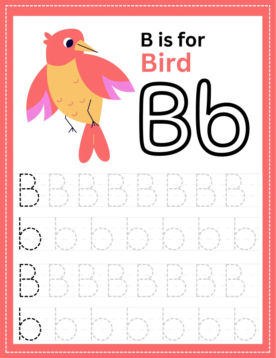 Alphabet tracing page for B: a bird, the words “B is for Bird,” and uppercase and lowercase practice.