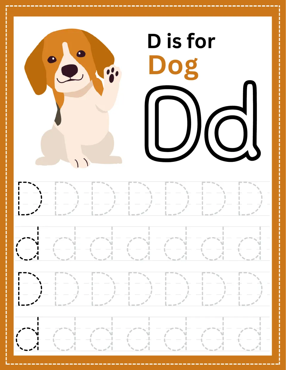 Alphabet tracing page for D: a dog, the words “D is for Dog,” and uppercase and lowercase practice.