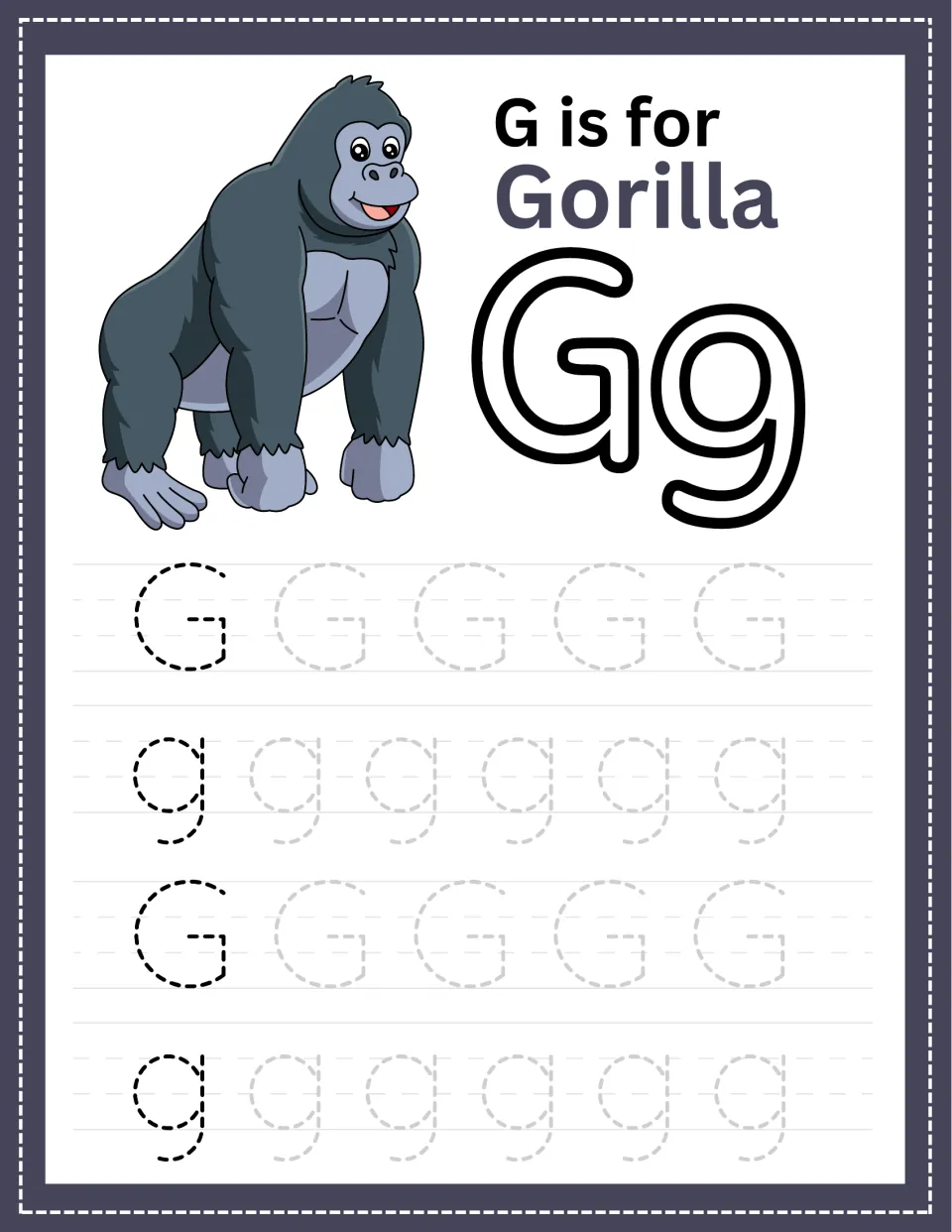 Alphabet tracing page for G: a gorilla, the words “G is for Gorilla,” and uppercase and lowercase practice.