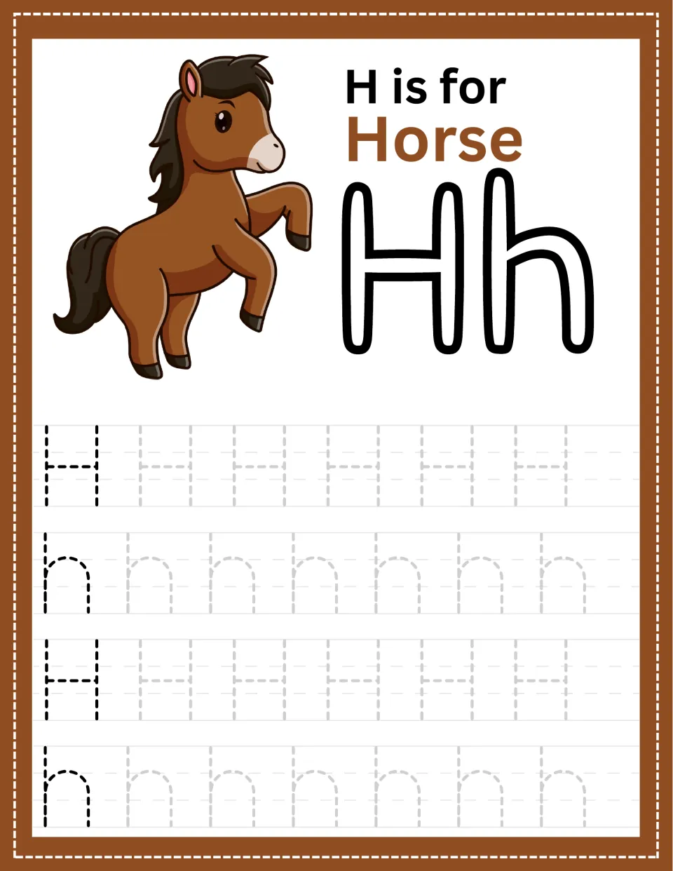 Alphabet tracing page for H: a horse, the words “H is for Horse,” and uppercase and lowercase practice.