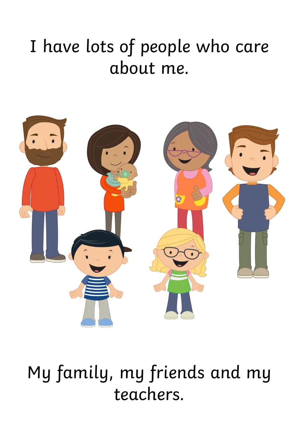 People who care about me: family, friends and teachers are named, with a drawing of adults, a baby and two smiling kids